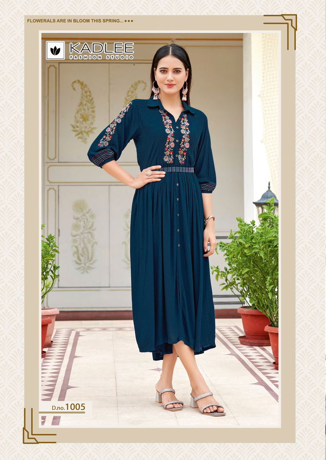 Aashmin By Kadlee Rayon Embroidered Designer Kurtis Wholesale Online
